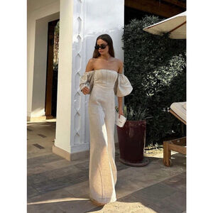 Commense NWT Linen Blend Puff Sleeve Jumpsuit Natural Khaki MED Wide Leg Chic